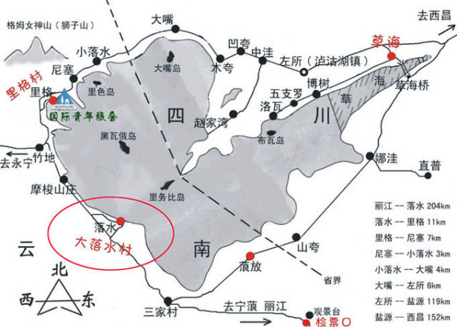 泸沽湖 附上泸沽湖完整地图,湖西侧属于云南,湖东侧属于四川.