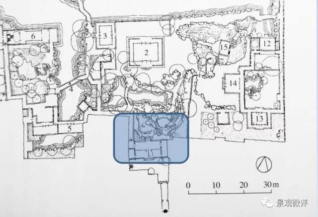 拙政园部分平面图 拙政园入口处为了避免景色尽收眼底,采用"开门见