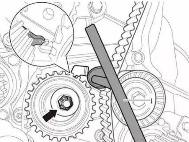 19 如下图所示,将正时皮带张紧器调节装置1插入导向孔内,旋转正时