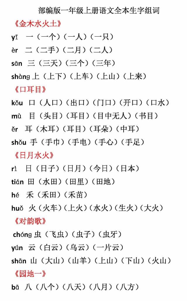 部编版一年级上册语文全本生字组词(可下载打印)