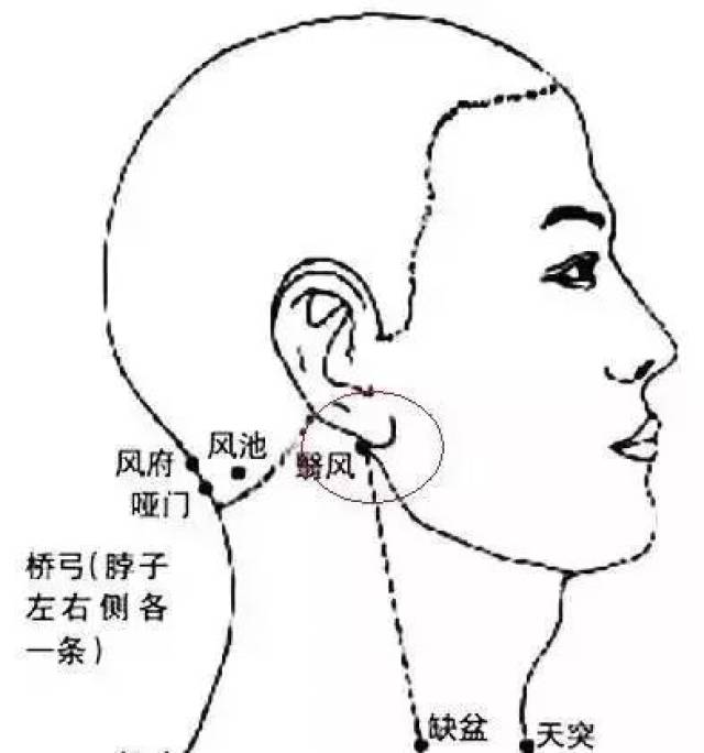 它就在翳风至缺盆的一条区带上,翳风穴与缺盆穴的具体位置见下图.