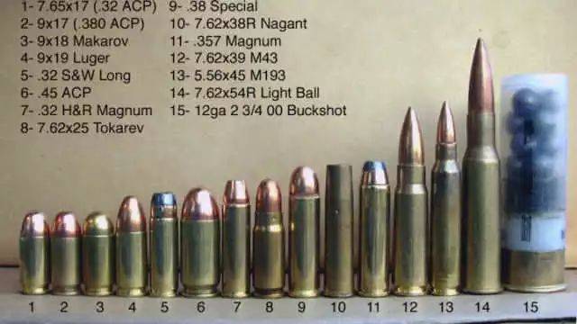 45 acp,15就是霰弹枪常用的12ga鹿弹(ga是gauge的缩写,一种关于直径的