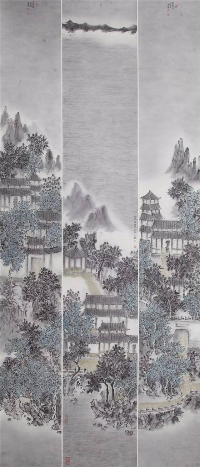 《景致--白帝城》/180×30cm×3/ 纸本水墨设色/2015年