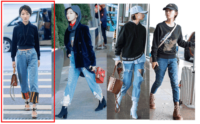 当然了个头瘦小的周冬雨穿起卫衣也都偏爱 短款 mom jeans.