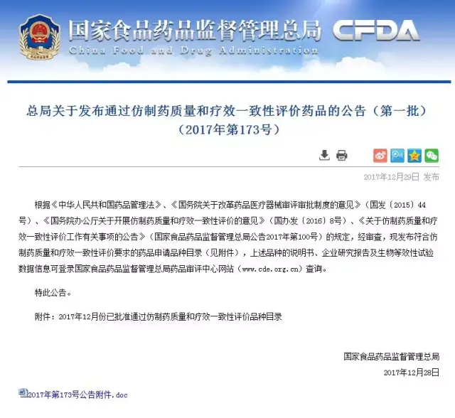 【e药热点】cfda正式公告:首批17个通过一致性评价品种