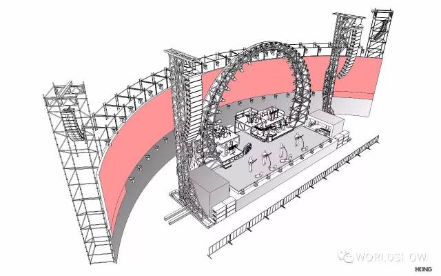 由方形的舞台,圆形的灯架,弧形的led,直线型的音响塔组成的"光明之门"