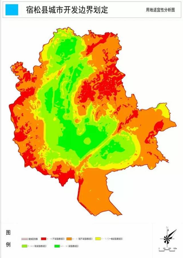 用地适宜性分析图 影响宿松县城城市空间拓展的因素主要有河流,地形图片