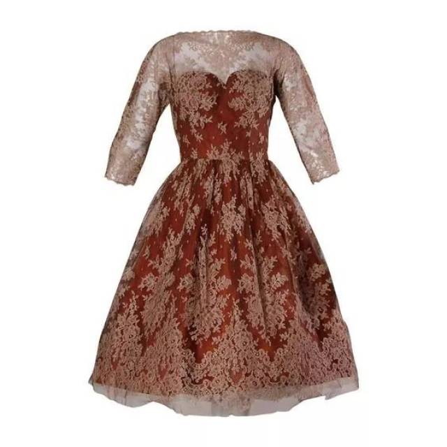 1950s brown tulle chantilly lace cocktail dress