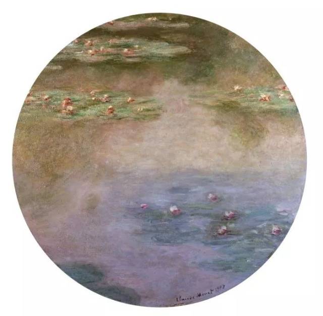 现在在武汉美术馆其, 展出了 "最珍贵的1/4"的圆形构图的《睡莲》.