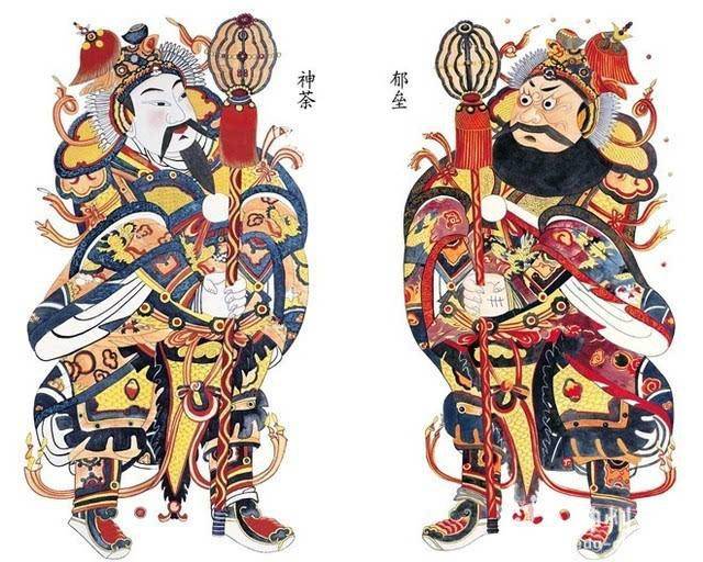 据《山海经》记载 神荼,郁垒二人,能令百鬼服从 后人将他们的形象贴