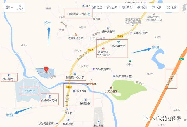 地理位置 枫桥镇位于诸暨市东北部,毗邻柯桥区,距诸暨市中心20公里