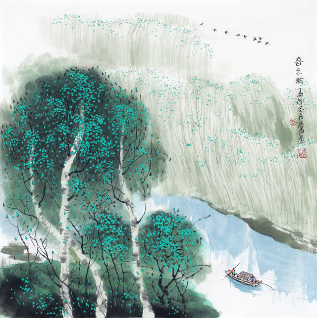 刘燕声现代山水画作品《春之韵》68x68cm