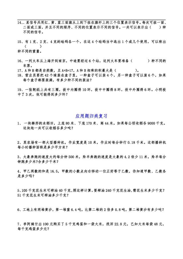 五年级数学上册期末复习题讲解(单位换算、图