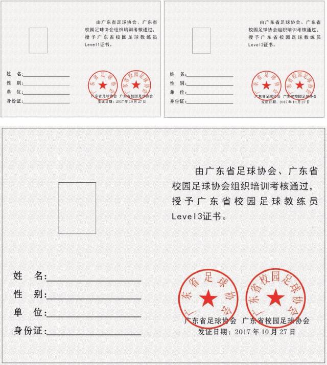 授予对应的广东省校园足球教练员 level 1,level 2,level 3 证书