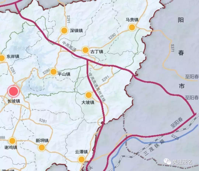 大坡,平山,深镇,东岸;中高高速高州支线途经云潭,大坡,平山镇; 省道