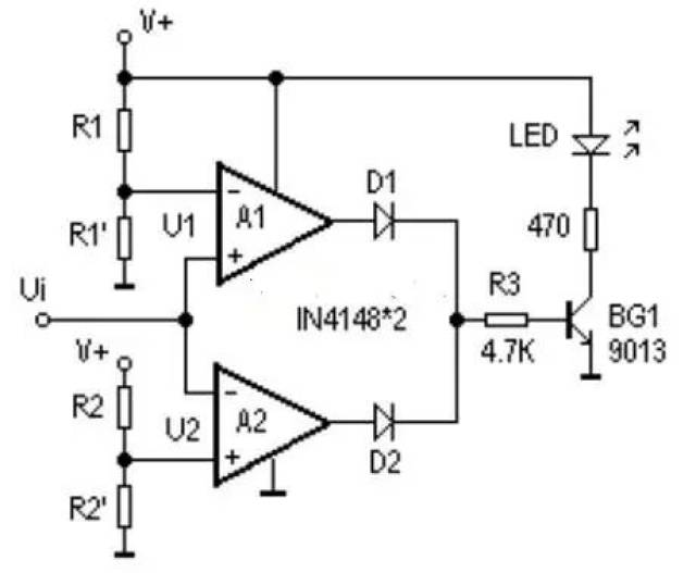 附图中使用两个运放组成一个电压上下限比较器,电阻r1,r1?