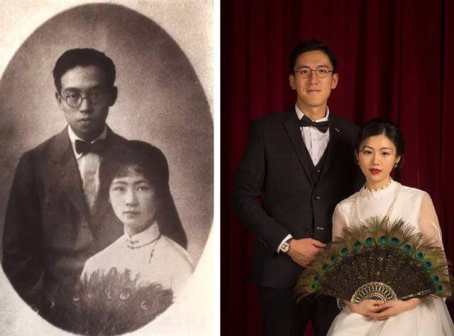 左图为梁思成,林徽因婚纱照,时间各资料有出入 右图为三人照相馆"