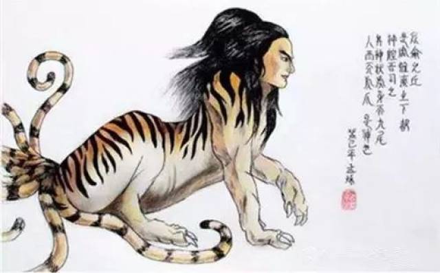 豹身人面的诸犍.它是一种人面豹身的神兽,尾巴很长,能发出巨大的响声.
