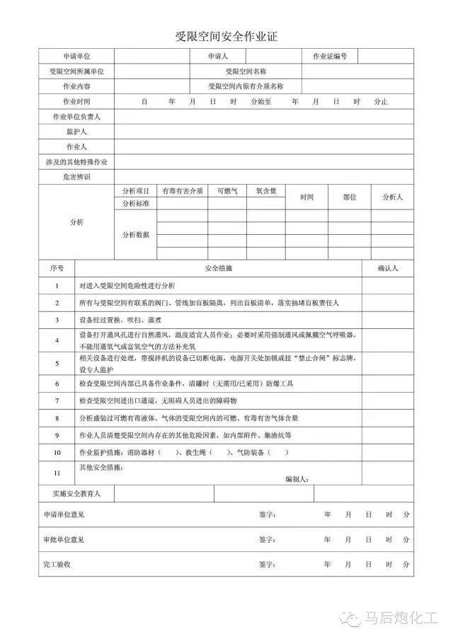 1,受限空间作业实施作业证管理,作业前应办理《受限空间安全作业证》.