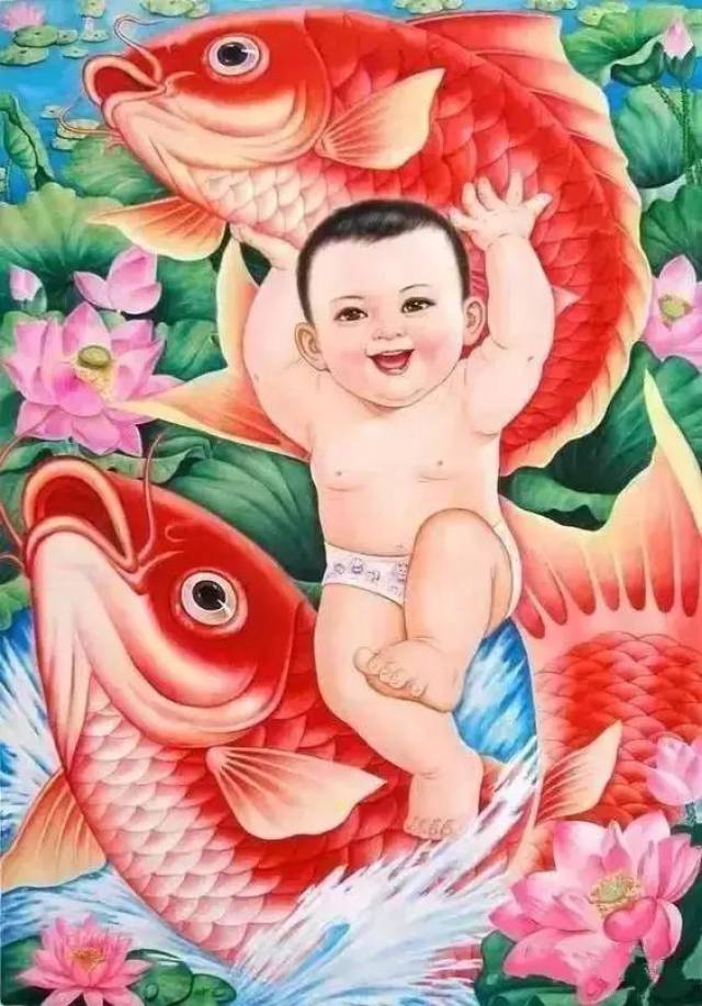 年画代表着人们对新一年的美好愿景,胖娃娃和鱼寓意人丁兴旺,年年有余