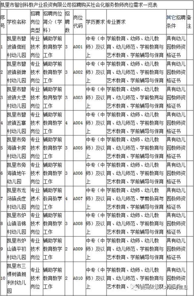 凯里市智创科教产业投资有限公司招聘购买社会化服务教师岗位需求一览