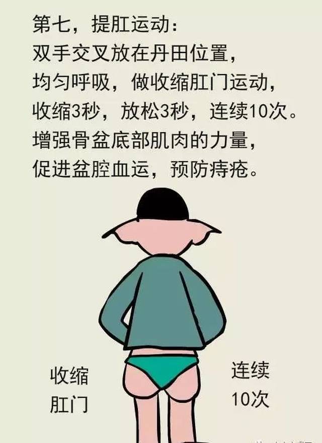 4,拳掌对推对抗; 5,腕部推拉对抗; 6,手指对抗; 7,提肛运动; 8,腿部