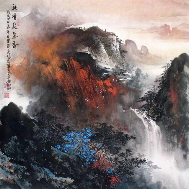 实力派画家张春丽,泼彩山水画(秀丽景色~)