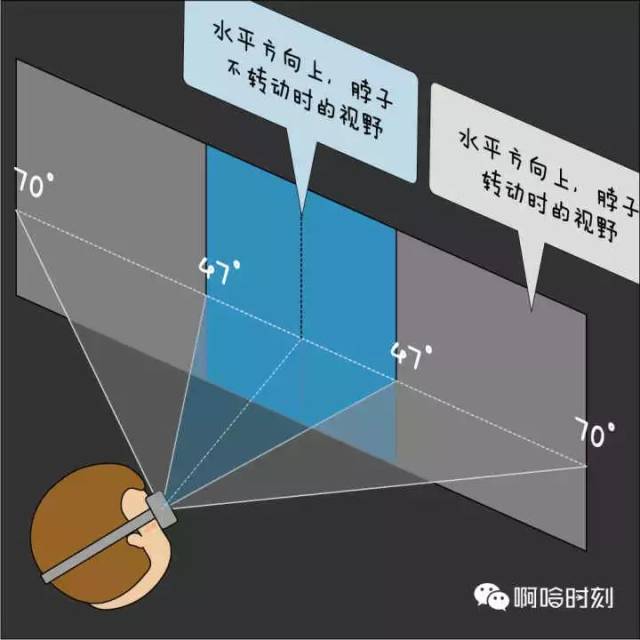 垂直方向上,脖子转动 / 脖子不转动时的舒适视野范围