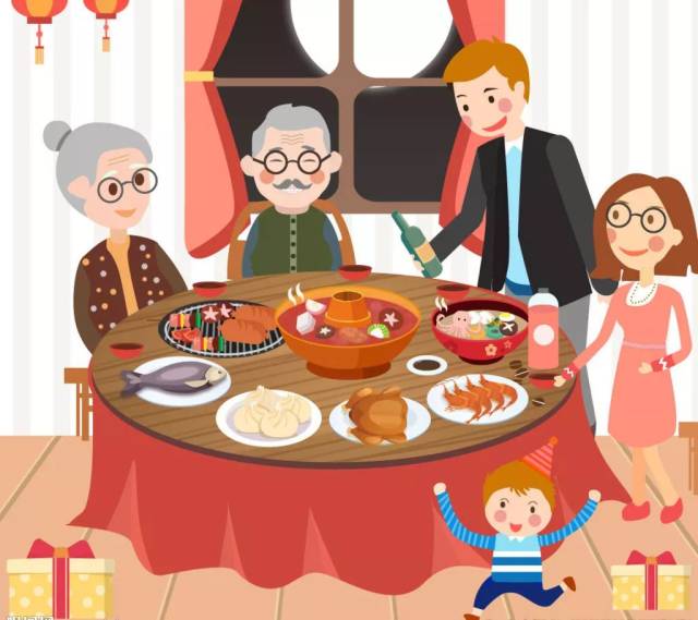 丰盛的年菜摆满一桌 阖家团聚,围坐桌旁,共吃团圆饭 心头是难以言喻的