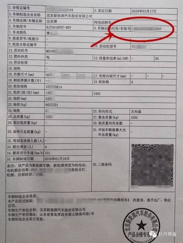 下图为一辆大阳电动车的生产合格证书,上面明