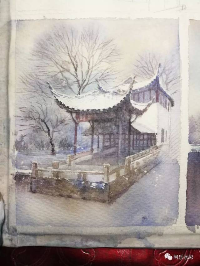 水彩小画——扬州瘦西湖雪景