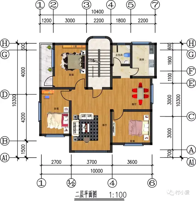 采用浅褐色西瓦,外立面采用浅灰色面砖,杏黄色面砖贴面,平面布置紧凑