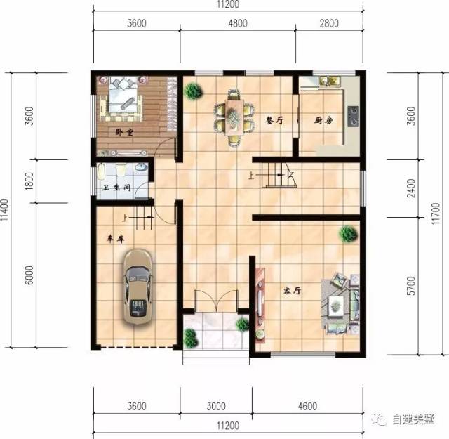 一层平面图:车库,客厅,厨房,餐厅,卧室,卫生间.