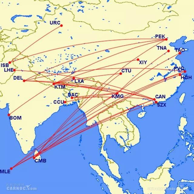 中国至南亚的客运航线示意图