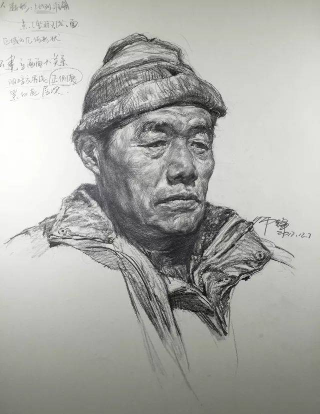 考题参考 江西考点2018考题 素描考题:头像默写,四分之三侧男老年,戴