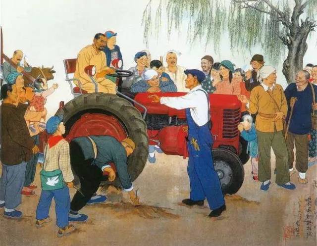 《农民和拖拉机》李琦,1949年,纸本设色,69cm x 91cm,中国美术馆藏.