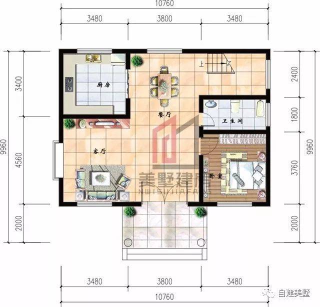 一层平面图:客厅,厨房,餐厅,卧室,卫生间.