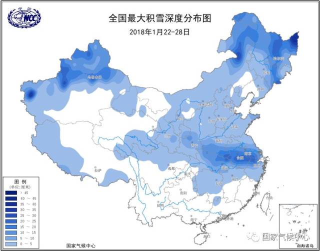 图3 2018年1月22-28日全国最大积雪深度分布图(单位:厘米)