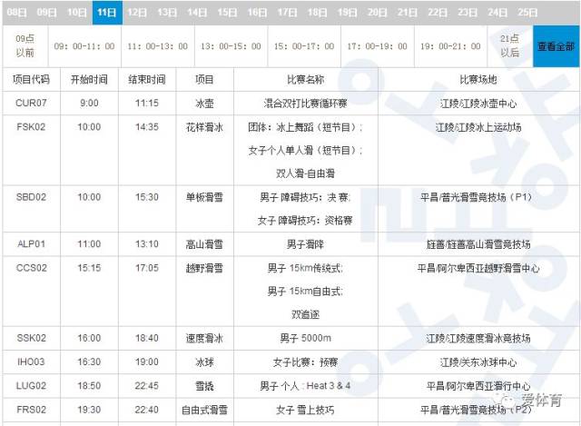 2018韩国平昌冬奥会赛程安排时间表