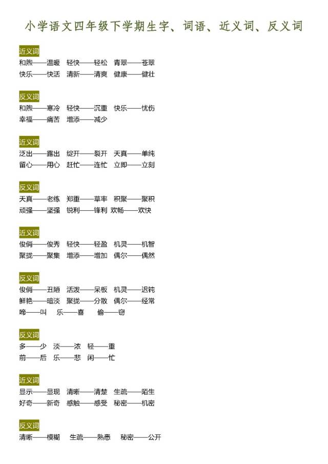 (完整版)四年级语文下学期生字,词语,近义词,反义词