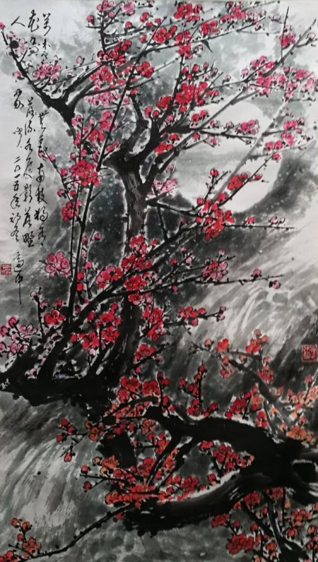 他所画梅花繁花累累,缤纷烂漫,花朵丰腴饱满,明亮夺目,满树炽烈如火