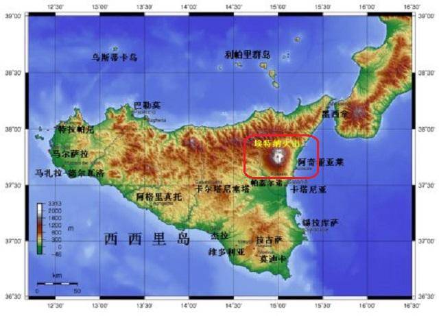 埃特纳火山位置图 在人类历史记载当中埃特纳火山已有500多次爆发