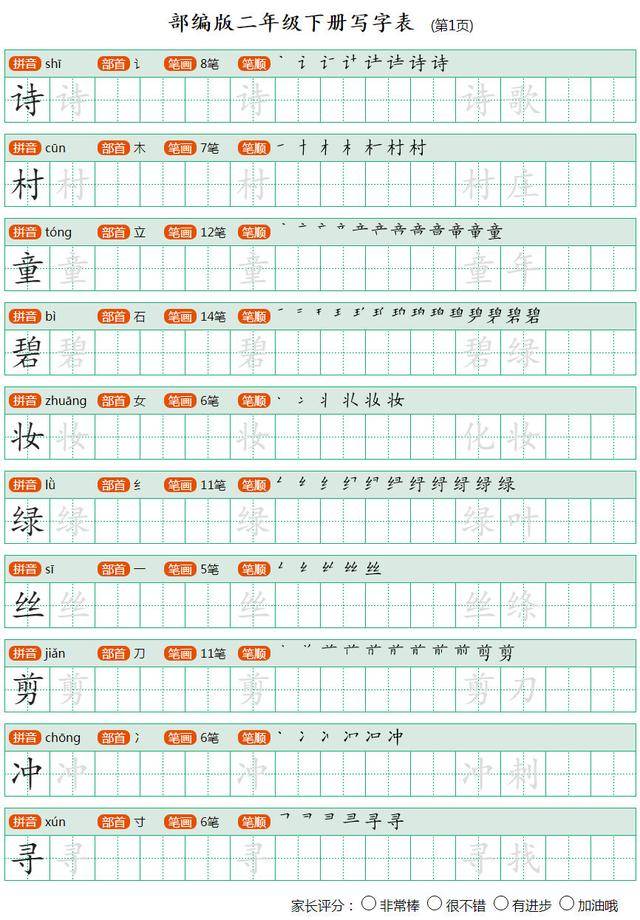 2018部编小学语文二年级下册会写生字表楷书字帖(带笔顺组词)