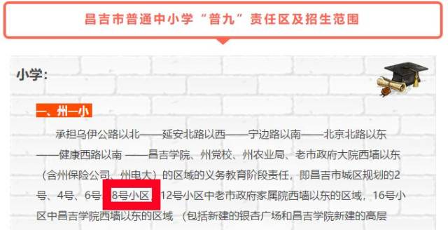 在具体的学区划分中, 8号小区分别被划入昌吉市州一中,州一小.
