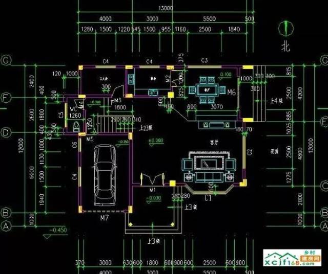 一层平面图:13×12的建房尺寸,一层有车库一个,一个工人/保姆房,方便