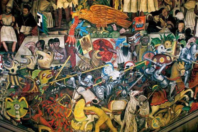 该壁画描绘了从古代到20世纪40年代墨西哥的整个历史.