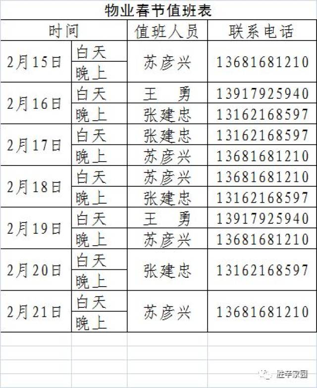 【胜辛·维修值班】叶城物业公司春节期间值班表