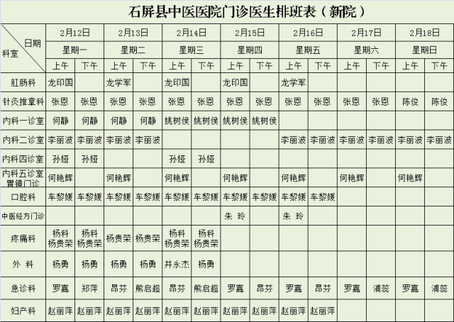 欢迎惠存!2月12日至2月18日门诊医生排班表