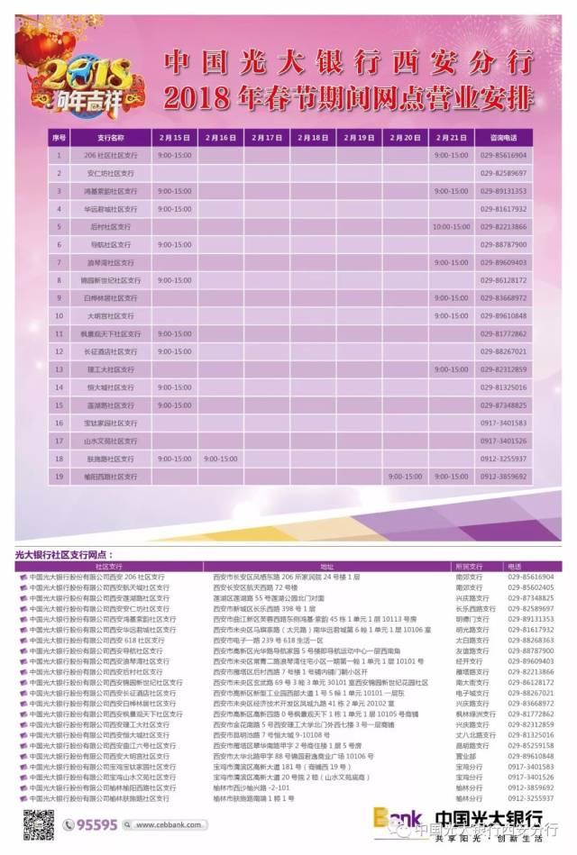 中国光大银行西安分行2018年春节期间网点营业安排