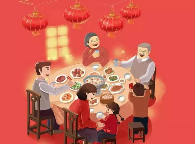 丰盛的年菜摆满一桌,阖家团聚,围坐桌旁,共吃团圆饭桌上有大菜,冷盆